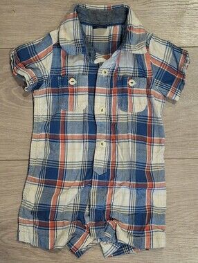 3/$30 GAP Blue Cream & Red Plaid Button Romper 3-6M